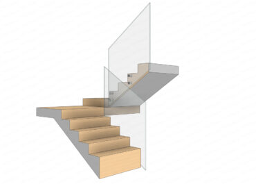 Pontmegfogásos üvegkorlát két lépcsőkar közé. Üveglapok egymás mellett.