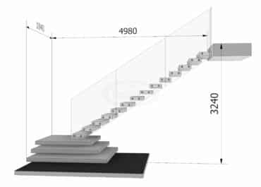 3db dobogóval tervezett egyenes vonalú lebegő lépcső helyigénye