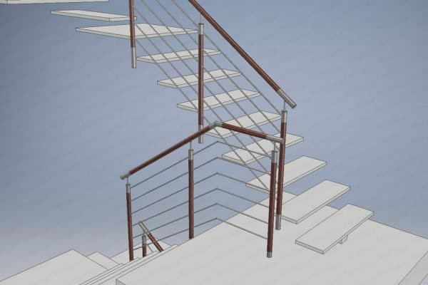 3D tervezés - Rozsdamentes korlátrendszer fa oszlopokkal és kapaszkodóval